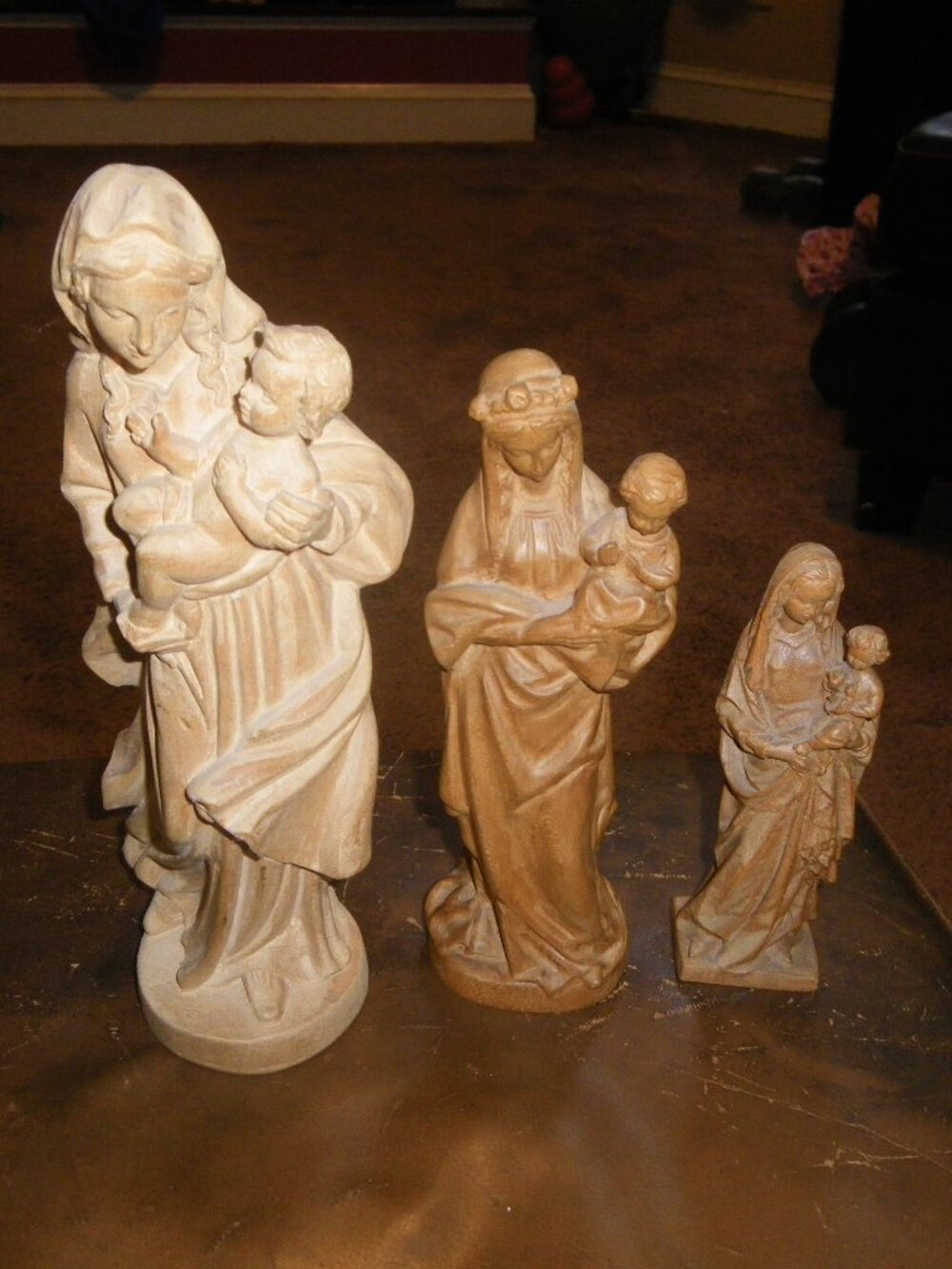 3 Vintage Hand Carved Wooden Statues Virgin Mary & Jesus Religious Christian Art